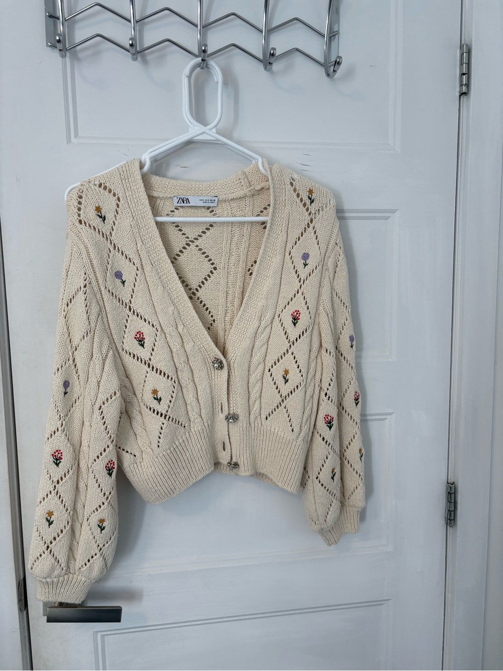 ZARA Cream Openwork Button-Up Cardigan with Tiny Floral Embroidery